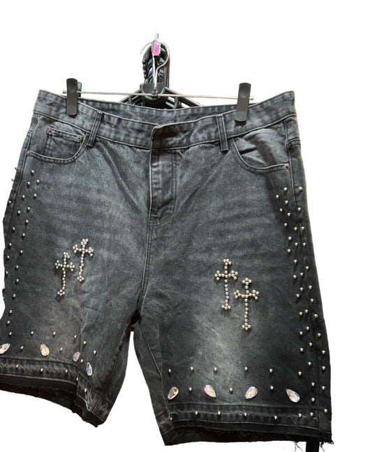 Rhinestone cross denim jorts