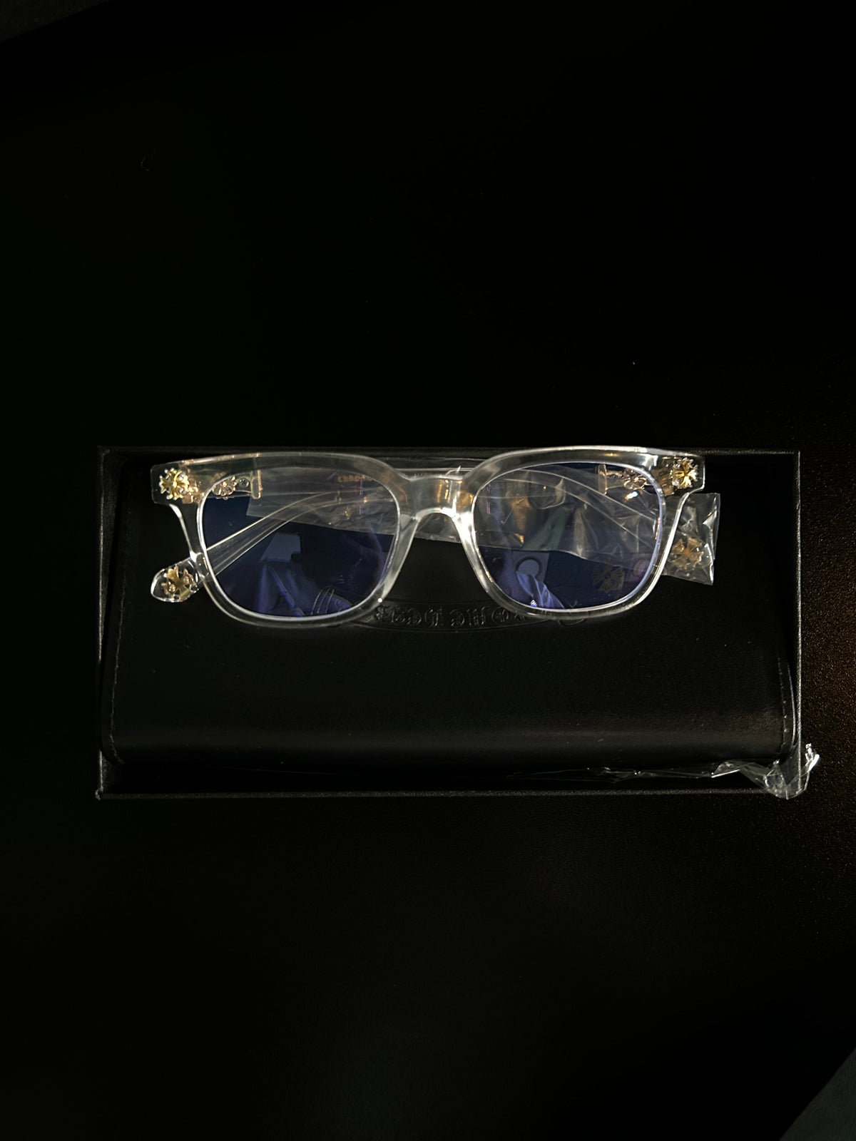 Chrome heart glasses - clear & gold badges