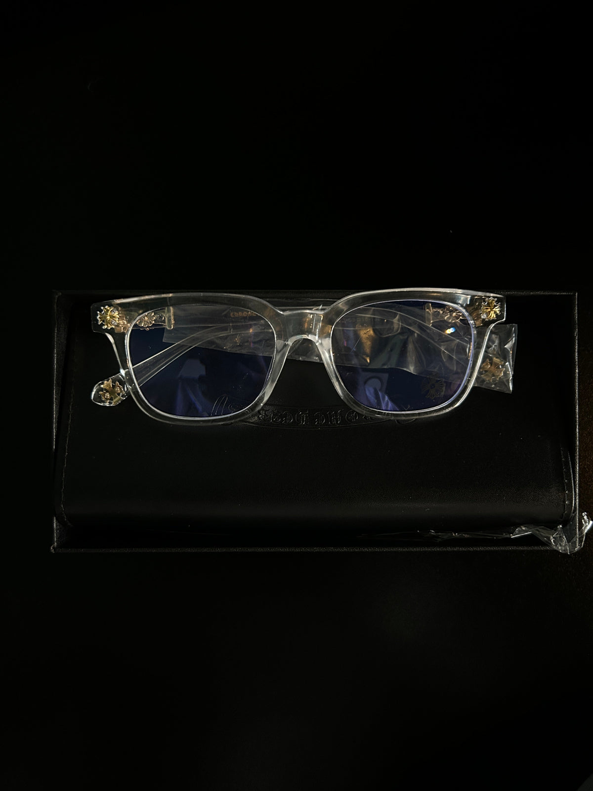 Chrome heart glasses - clear & gold badges