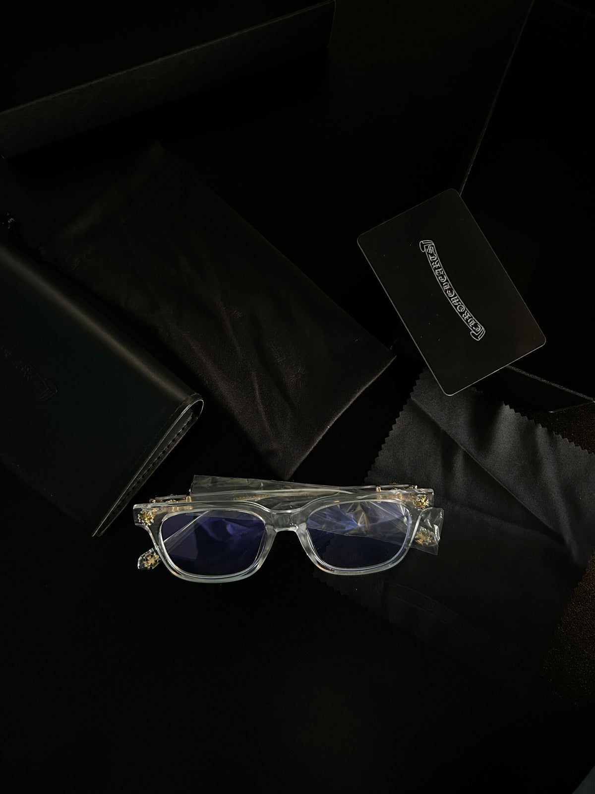 Chrome heart glasses - clear & gold badges