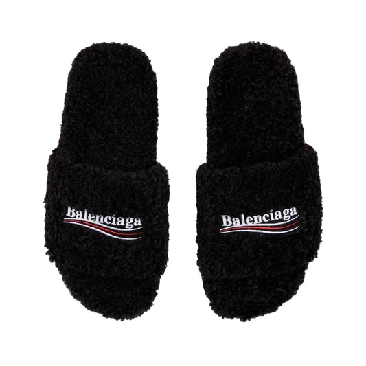 BALENCIAGA BLACK FURRY SLIDE SANDALS